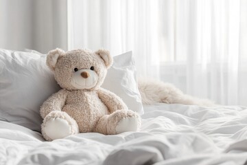A teddy bear rests on a white bed with fluffy pillows in sunlight. Generative AI
