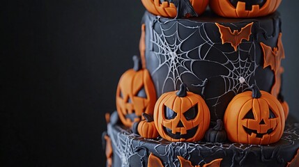 Delicious halloween layer cake decorated with fondant pumpkins and bats on black background