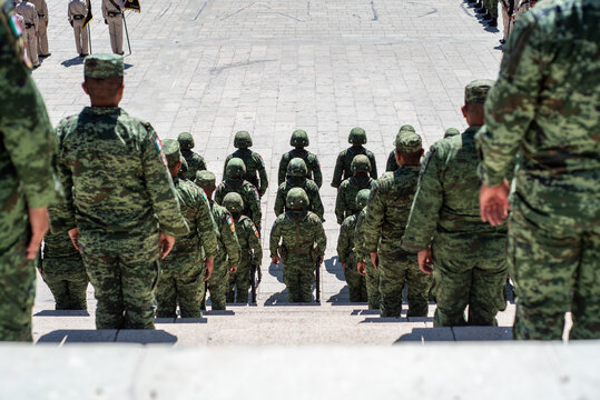 Camouflage Mexican troop standing in ceremonial parade 
