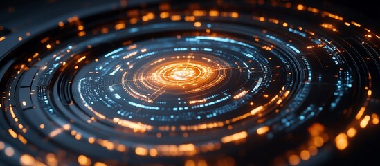 Abstract digital vortex with glowing orange and blue elements, symbolizing technology and innovation