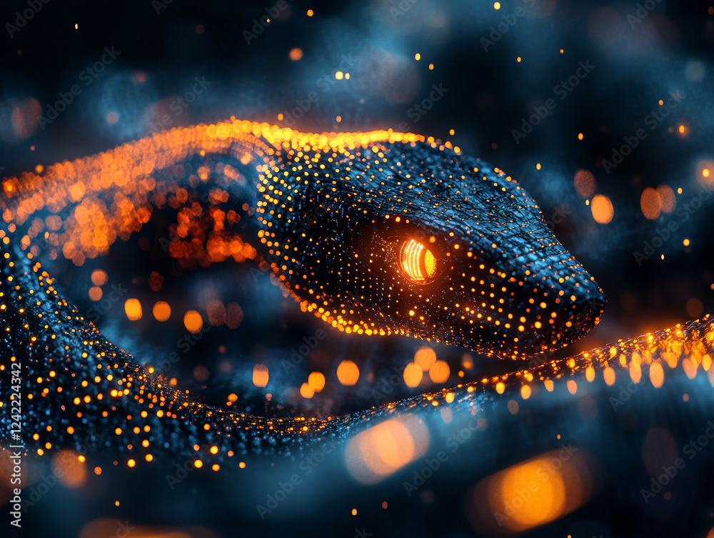 Poster glowing snake made of binary codes in dark background