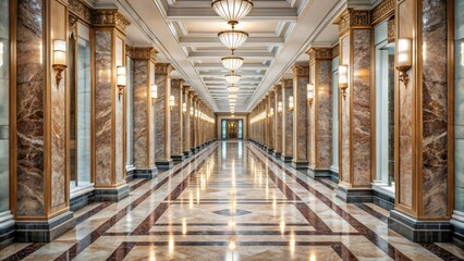Fototapeta premium Long shot of a marble hallway lined with identical marble pillars and ornate mirrors, pillars, decor, marble, decoration