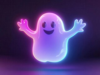 Fototapeta premium playful 3d ghost character with gradient holographic texture, glowing neon outline, dynamic pose with raised arms, ethereal floating animation