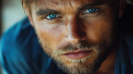 Close-up portrait of a man with striking blue eyes