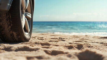 close up view of car tire on sandy beach, with ocean waves in background, evokes sense of adventure and relaxation