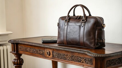 Luxurious leather bag resting on a richly detailed wooden table, velvet cloth, upscale interior, high-end, opulent surroundings
