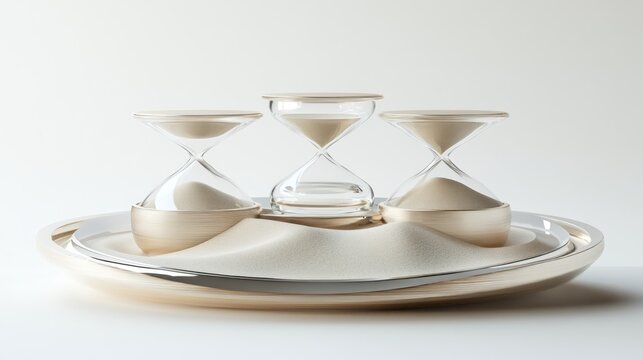 Three Hourglasses on Sand Tray, Time Concept, White Background, Business