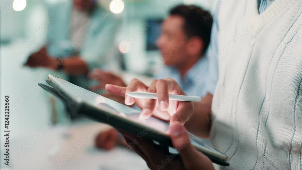 Poster Man, hands and web designer writing with tablet for UI testing, UX or app development at office. Closeup, male person or software developer with pen on technology for online prototype or AI platform