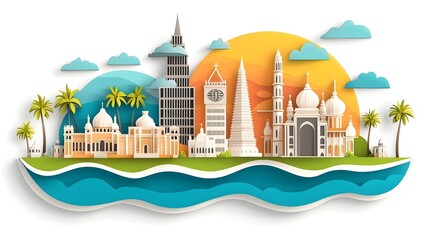 Fototapeta premium Monochrome Architectural Silhouettes A minimalist black and white collection featuring key building structures like skyscrapers churches and pagodas in a modern abstract icon design style
