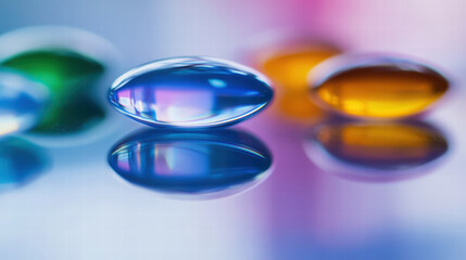 Colorful contact lenses create vibrant display on reflective surface, showcasing shades of blue, green, and orange. glossy finish enhances their visual appeal