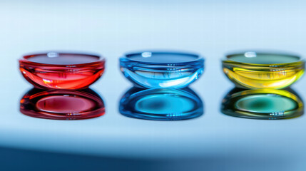 Colorful contact lenses in red, blue, and yellow on reflective surface create vibrant display. lenses showcase unique colors and reflections, adding playful touch to composition