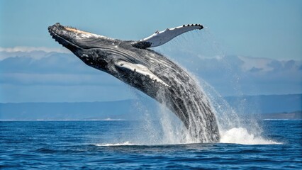 Majestic humpback whale breaching with its massive tail high above the water's surface, marine life, fluidity