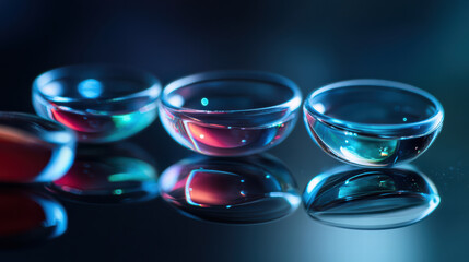 Colorful contact lenses in glass bowls reflecting light on dark surface create vibrant and artistic display. interplay of colors adds dynamic visual element