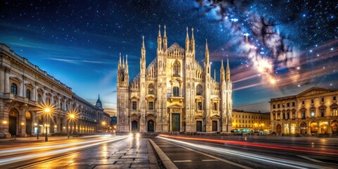 Obraz premium Long exposure photography reveals Milan Duomo's Gothic splendour, illuminated against a night sky filled with stars and city lights.