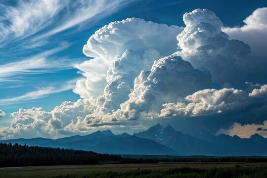 Majestic thunderheads gather on the horizon, their dark anvil-shaped peaks set against a brilliant electric blue sky with wispy cirrus clouds, intense colors, thunderheads
