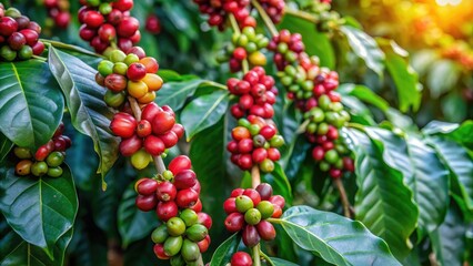 Obraz premium mature coffee plant in a shaded area with a vine crawling up the stem, outdoor plants, greenery, mature plants, botanical garden, coffee plantation