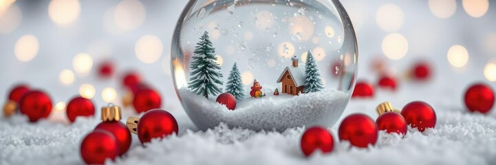 Miniature snow globe with a serene Christmas scene on frozen ground and scattered red baubles, winter wonderland, winter accessory, snow globe