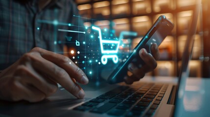 Online shopping concept. Businessman using mobile phone with shopping cart icon on screen