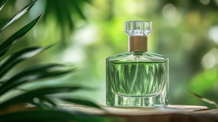 Elegant perfume bottle with nature inspired design, surrounded by greenery, evokes freshness and tranquility. Perfect for showcasing beauty and elegance in natural setting