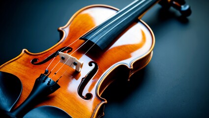 Fototapeta premium Elegant wooden violin against dark background for music enthusiasts