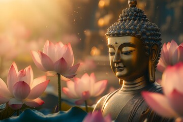 Serene Buddha statue amidst blooming lotuses at dawn; meditation, peace