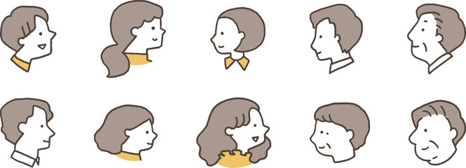 大人の男女横向きの顔だけアイコンセット単色