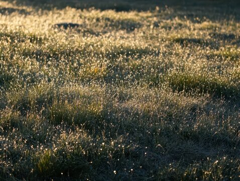 sunlit meadow at golden hour, pristine emerald grass swaying gently in the breeze, with morning dew drops creating a crystalline sparkle across the pastoral landscape