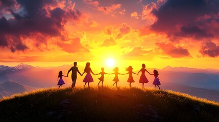 Silhouettes of a joyful family enjoying time together in a picturesque sunset field landscape with warm golden hour lighting creating a serene and tranquil atmosphere