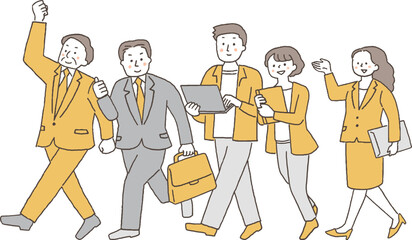 元気よく歩くビジネスマンの男女単色