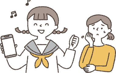 スマホを持って嬉しそうな子供と不安そうな母親単色