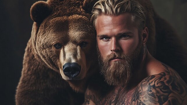 Strong man with long blonde beard posing with a brown bear