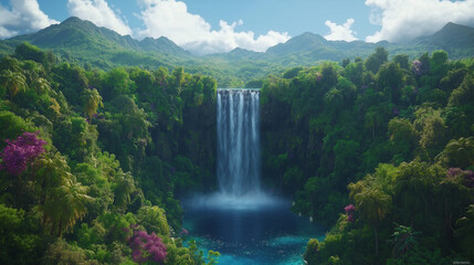 Fototapeta premium Serene Waterfall Cascade: A breathtaking panoramic view of a majestic waterfall cascading down a lush green mountainside, creating a mesmerizing spectacle of nature's beauty.