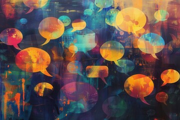 Abstract art.  Vibrant speech bubbles various sizes and colors blend seamlessly into a surreal painted background.  A captivating mix of textures and hues creates a dynamic visual narrative.