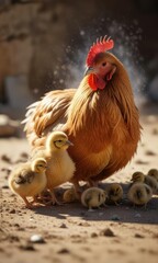 Fototapeta premium Mother hen and her chicks taking a dust bath together , preening, outdoor