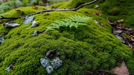 Mossy forest floor with ferns and lichen, moss patterns, lichen growth, leafy greens