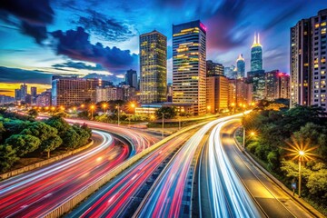 Fototapeta premium Mesmerizing light streaks paint the cityscape in vibrant hues in this breathtaking long-exposure night photography.