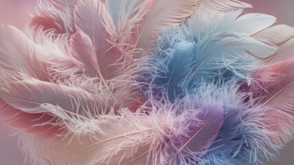 Obraz premium Delicate pastel feathers in soft pink and blue shades create a gentle, soothing arrangement, evoking a dreamy and whimsical atmosphere.