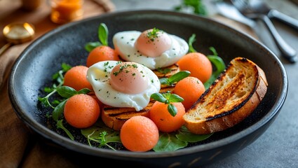 Gourmet breakfast plate with poached eggs and melon balls