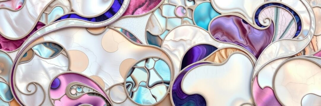 Multi-colored mother of pearl inlay with abstract shapes and swirling patterns, abstract, inlay, shapes