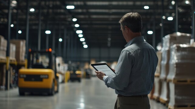 Manager using tablet in warehouse.