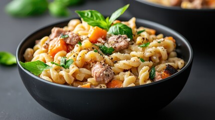Creamy pasta with meat and pumpkin, close-up shot