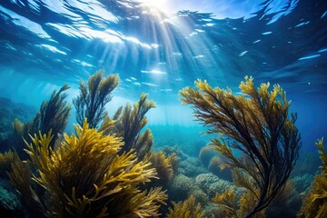 Obraz premium Navy blue seaweed swaying in ocean current, ocean currents, seaweed forest, blue, seaweed