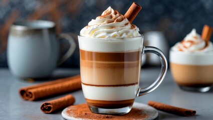 Indulgent layered latte macchiato with whipped cream