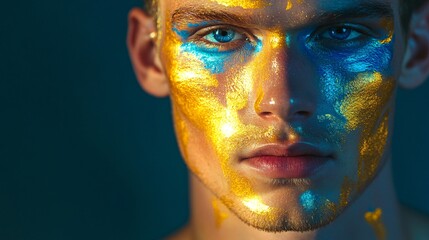 Model posing with metallic golden and blue makeup