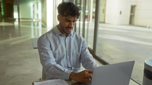 Young man working on laptop in modern office with sunlight streaming through large windows, appearing excited and smiling while typing on keyboard, wearing casual shirt and relaxed.