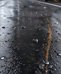 Oil droplets on a wet asphalt surface after a car accident, fluid leak, asphalt surface, oil spill