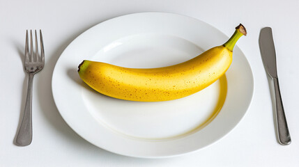 single banana resting on white plate, surrounded by cutlery, evokes simplicity and freshness