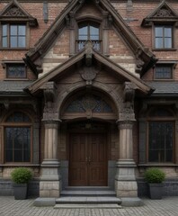 Obraz premium Old wooden canal house facade with ornate gables and intricate stonework, dutch, historic buildings, water features