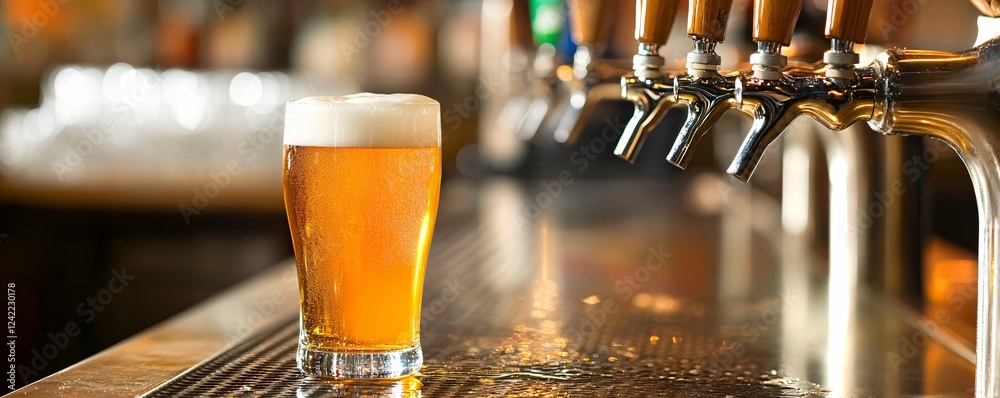 Aufkleber cold glass of beer standing on bar counter with taps in the background