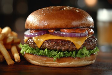 Juicy cheeseburger, fries, pub background; food menu